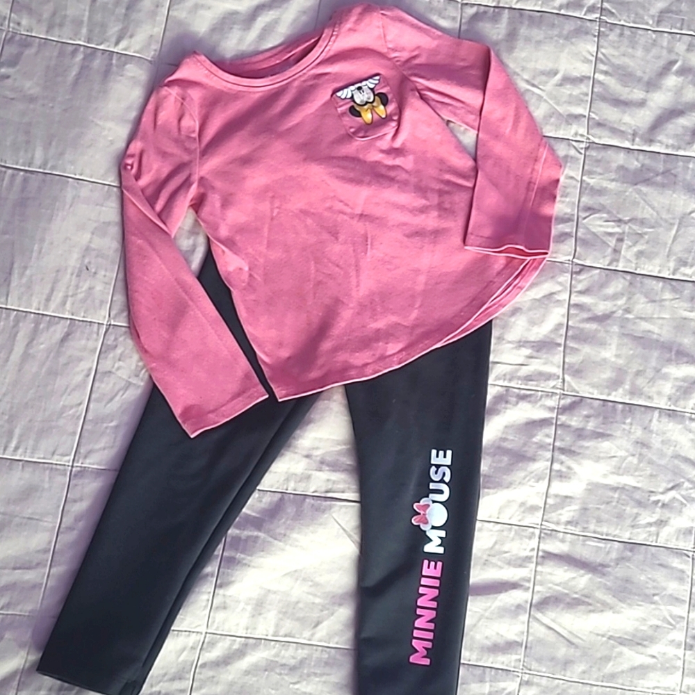Disney Jr Minnie Mouse two piece set, long sleeve and pants, pink and black 4T